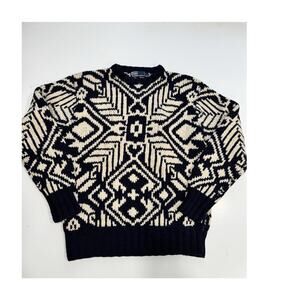 VINTAGE 1980s RALPH LAUREN Navy & Ivory Wool Hand Knit Nordic Sweater Large